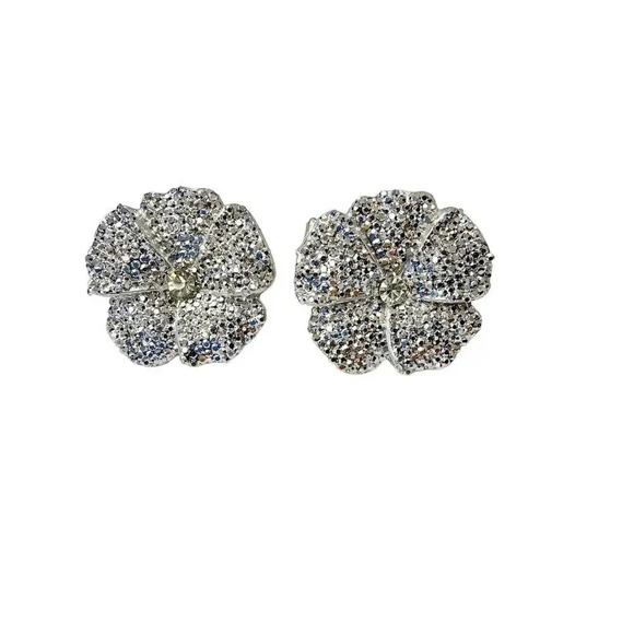 Vintage Pave Rhinestone Floral Adjustable Rings Silver Tone - 2 Rings - Picture 1 of 4